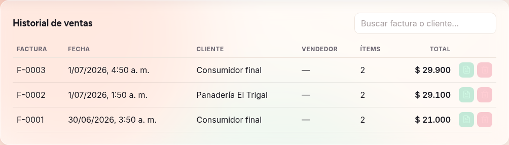Historial de ventas de Tindi con la lista de facturas, fecha, cliente y total