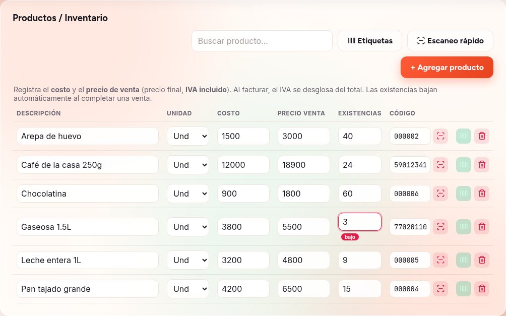 Pantalla de Productos e Inventario de Tindi con la lista de productos, precios, existencias y códigos