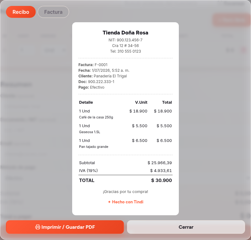 Recibo de Tindi con los datos del negocio, los productos, el IVA desglosado y el total