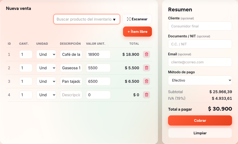 Pantalla de Venta de Tindi con productos en la cuenta y el resumen con el total a pagar
